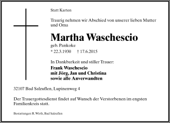 Anzeige  Martha Waschescio  Lippische Landes-Zeitung