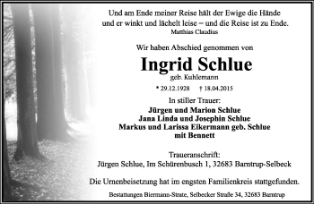Anzeige  Ingrid Schlue  Lippische Landes-Zeitung