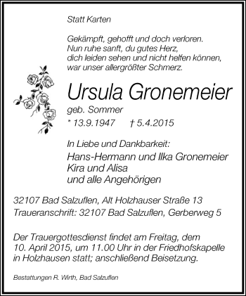 Anzeige  Ursula Gronemeier  Lippische Landes-Zeitung