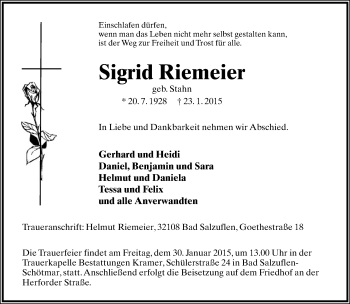 Anzeige  Sigrid Riemeier  Lippische Landes-Zeitung
