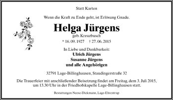 Anzeige  Helga Jürgens  Lippische Landes-Zeitung