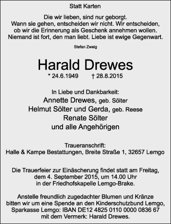 Anzeige  Harald Drewes  Lippische Landes-Zeitung
