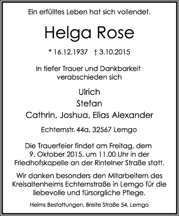 Anzeige  Helga Rose  Lippische Landes-Zeitung