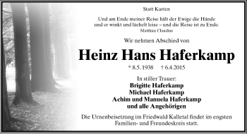 Anzeige  Heinz Hans Haferkamp  Lippische Landes-Zeitung