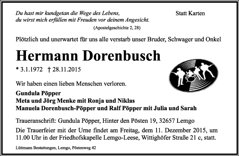  Traueranzeige für Hermann Dorenbusch vom 05.12.2015 aus Lippische Landes-Zeitung