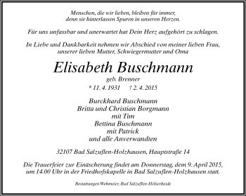 Anzeige  Elisabeth Buschmann  Lippische Landes-Zeitung