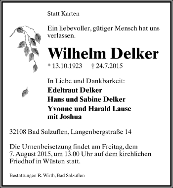 Anzeige  Wilhlem Delker  Lippische Landes-Zeitung