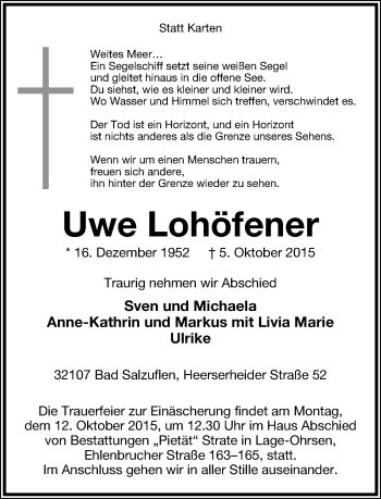 Anzeige  Uwe Lohöfener  Lippische Landes-Zeitung