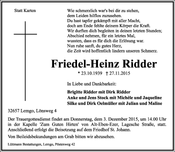 Anzeige  Friedel-Heinz Ridder  Lippische Landes-Zeitung