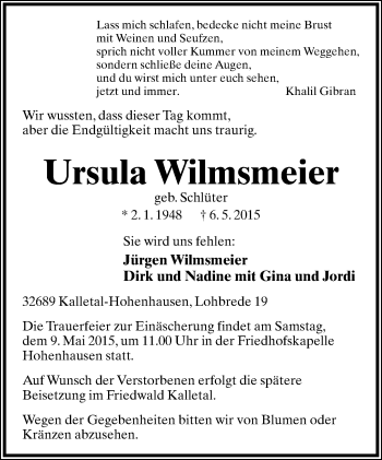 Anzeige  Ursula Wilmsmeier  Lippische Landes-Zeitung