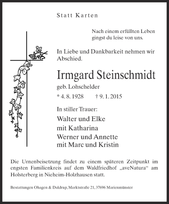 Anzeige  Irmgard Steinschmidt  Lippische Landes-Zeitung