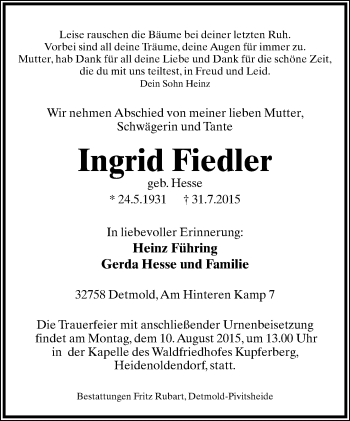 Anzeige  Ingrid Fiedler  Lippische Landes-Zeitung