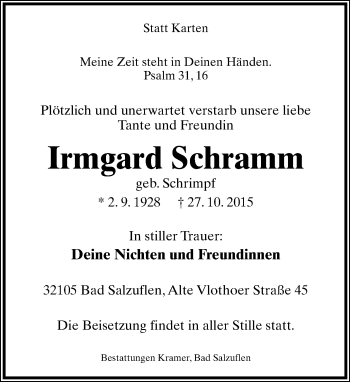Anzeige  Irmgard Schramm  Lippische Landes-Zeitung