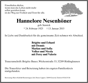 Anzeige  Hannelore Nesenhöner  Lippische Landes-Zeitung
