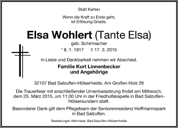 Anzeige  Elsa Wohlert  Lippische Landes-Zeitung