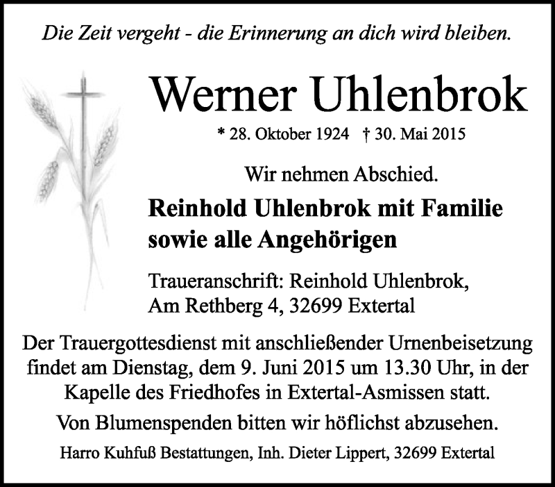  Traueranzeige für Werner Uhlenbrok vom 06.06.2015 aus Lippische Landes-Zeitung