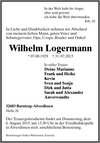 Anzeige  Wilhelm Logermann  Lippische Landes-Zeitung