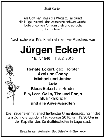 Anzeige  Jürgen Eckert  Lippische Landes-Zeitung