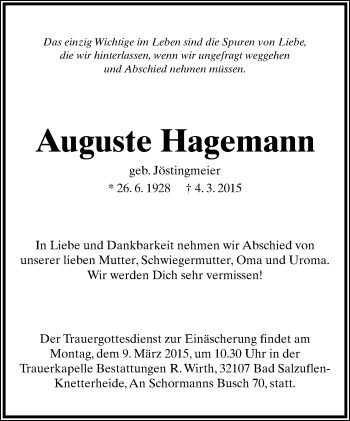 Anzeige  Auguste Hagemann  Lippische Landes-Zeitung