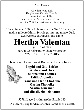 Anzeige  Hertha Valentan  Lippische Landes-Zeitung