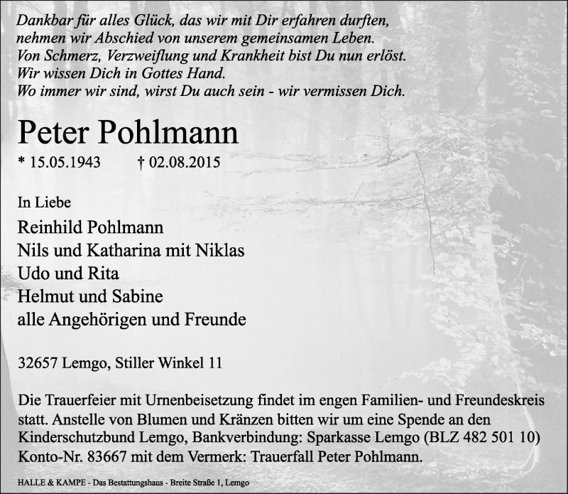  Traueranzeige für Peter Pohlmann vom 08.08.2015 aus Lippische Landes-Zeitung