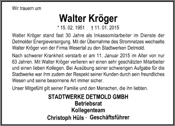 Anzeige  Walter Kröger  Lippische Landes-Zeitung