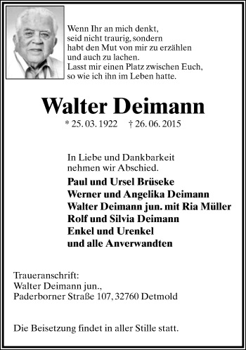 Anzeige  Walter Deimann  Lippische Landes-Zeitung