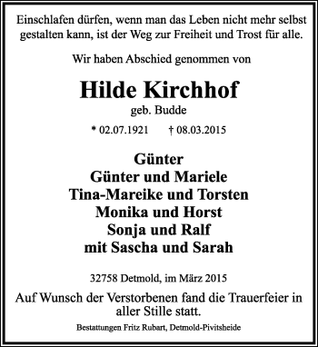 Anzeige  Hilde Kirchhof  Lippische Landes-Zeitung
