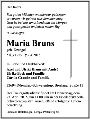 Anzeige  Maria Bruns  Lippische Landes-Zeitung