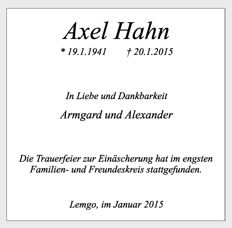  Traueranzeige für Axel Hahn vom 31.01.2015 aus Lippische Landes-Zeitung