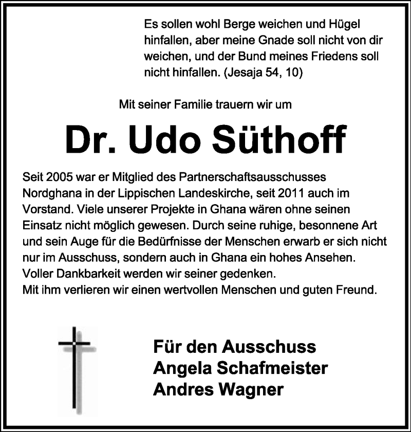  Traueranzeige für Udo Süthoff vom 28.11.2015 aus Lippische Landes-Zeitung