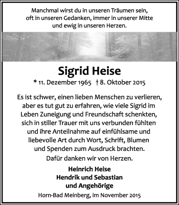 Anzeige  Sigrid Heise  Lippische Landes-Zeitung