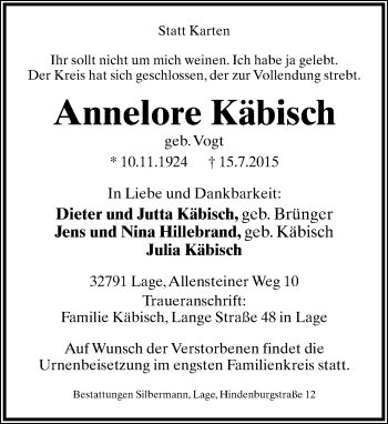 Anzeige  Annelore Käbisch  Lippische Landes-Zeitung