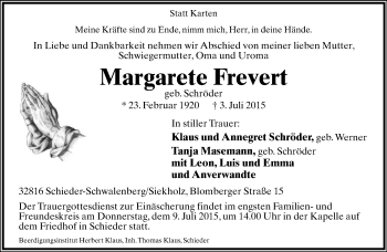Anzeige  Margarete Frevert  Lippische Landes-Zeitung