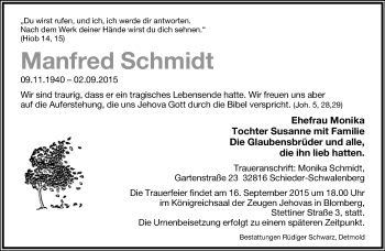 Anzeige  Manfred Schmid  Lippische Landes-Zeitung