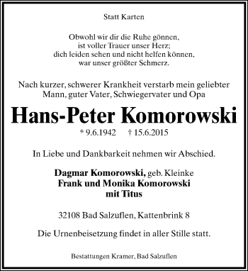 Anzeige  Hans-Peter Komorowski  Lippische Landes-Zeitung