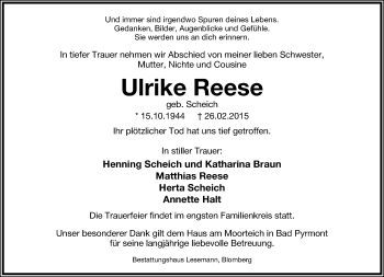 Anzeige  Ulrike Reese  Lippische Landes-Zeitung