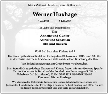 Anzeige  Werner Huxhage  Lippische Landes-Zeitung