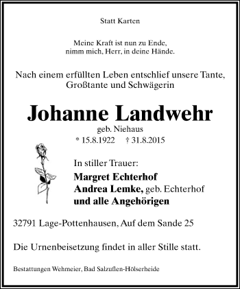 Anzeige  Johanne Landwehr  Lippische Landes-Zeitung