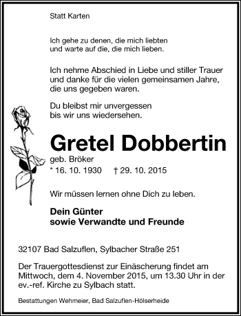 Anzeige  Gretel Dobbertin  Lippische Landes-Zeitung