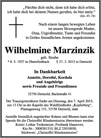 Anzeige  Wilhelmine Marzinzik  Lippische Landes-Zeitung