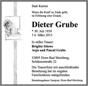 Anzeige  Dieter Grube  Lippische Landes-Zeitung