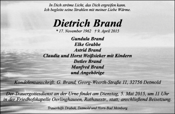 Anzeige  Dietrich Brand  Lippische Landes-Zeitung