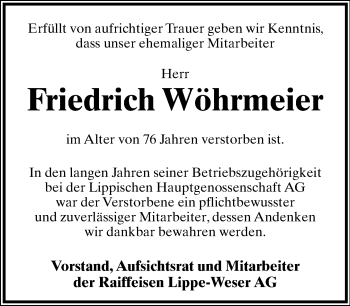 Anzeige  Friedrich Wöhrmeier  Lippische Landes-Zeitung