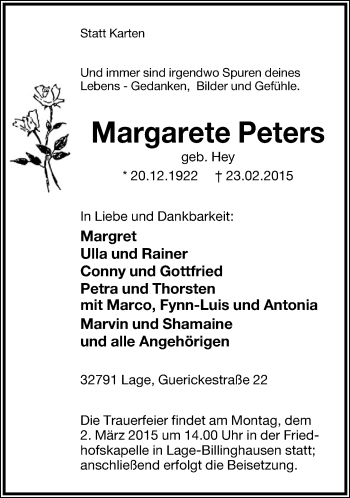 Anzeige  Margarete Peters  Lippische Landes-Zeitung
