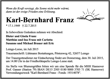 Anzeige  Karl-Bernhard Franz  Lippische Landes-Zeitung