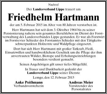 Anzeige  Friedhelm Hartmann  Lippische Landes-Zeitung