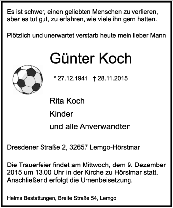 Anzeige  Günter Koch  Lippische Landes-Zeitung