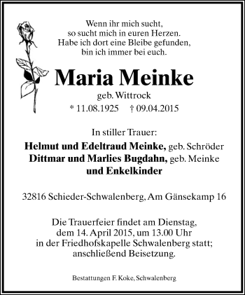 Anzeige  Maria Meinke  Lippische Landes-Zeitung