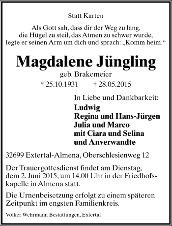 Anzeige  Magdalene Jüngling  Lippische Landes-Zeitung